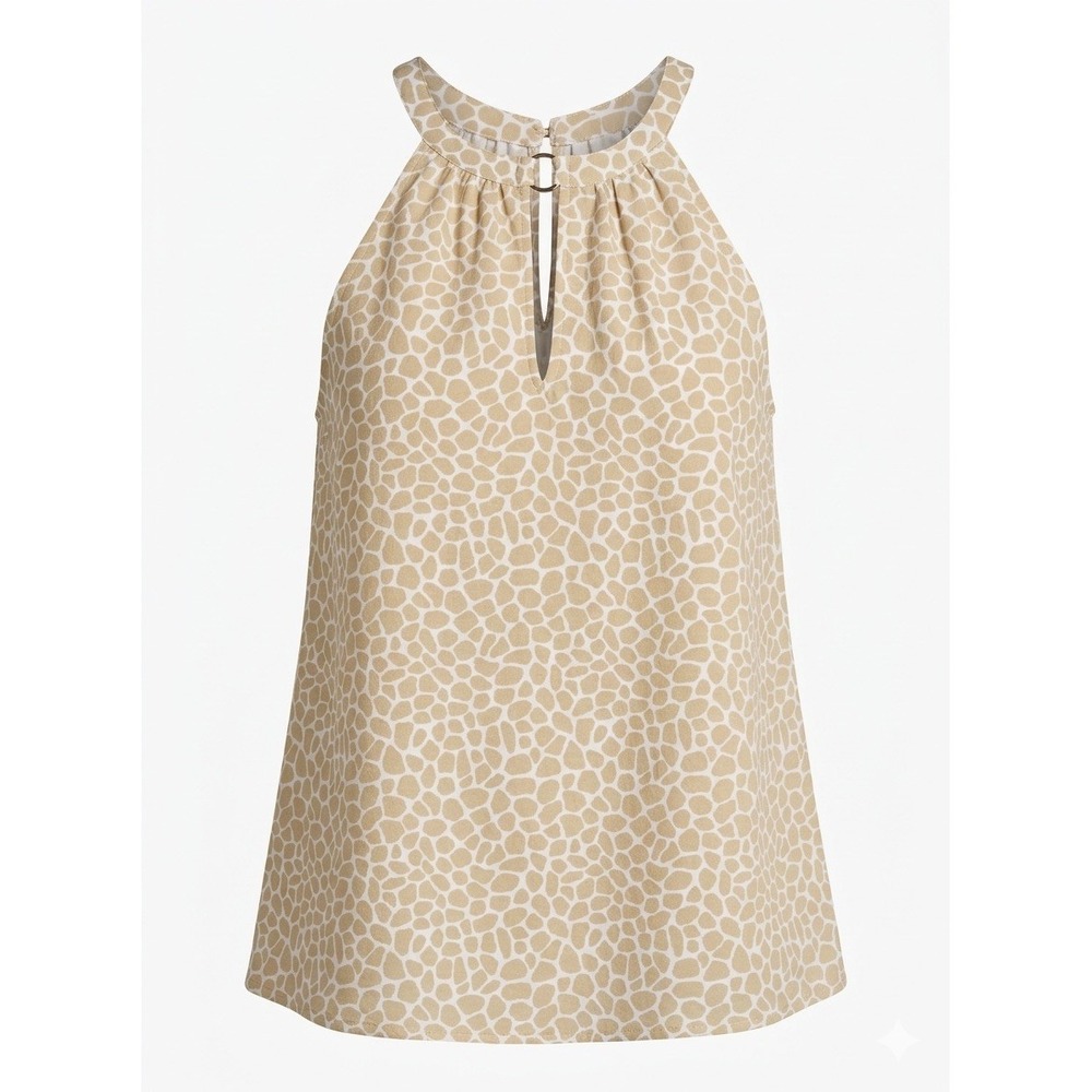Michael Kors Leopard Giraffe Print High Neck Tank Top Sleeveless Khaki White (L)